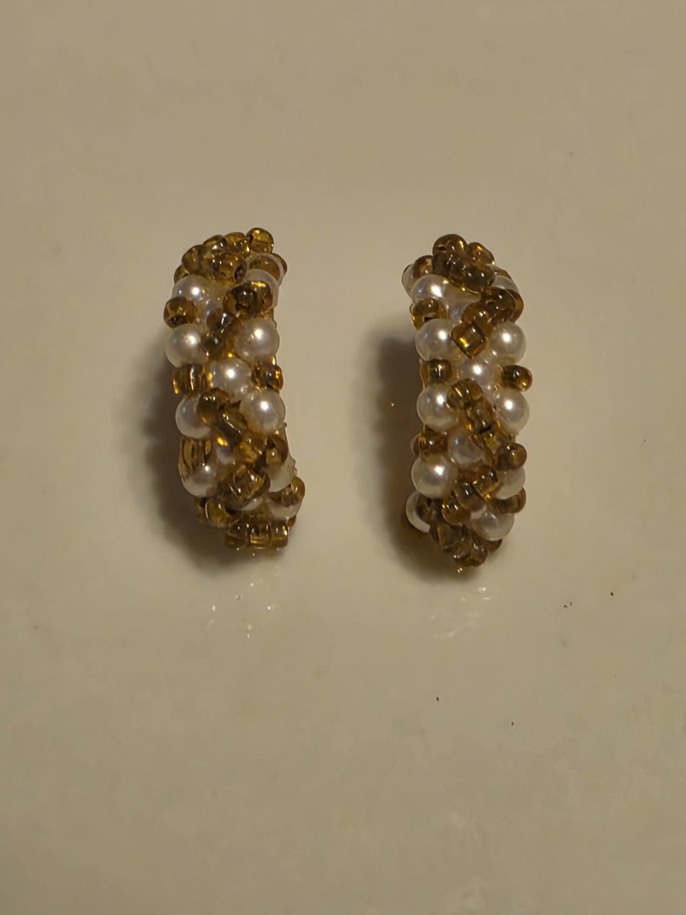 Vintage Pearl and Amber Bead Hoop Earrings